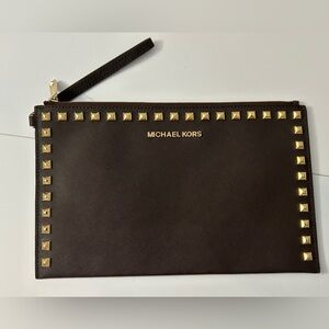 Michael Kors Selma Dark Brown Saffiano Leather Studded Wristlet Clutch Bag